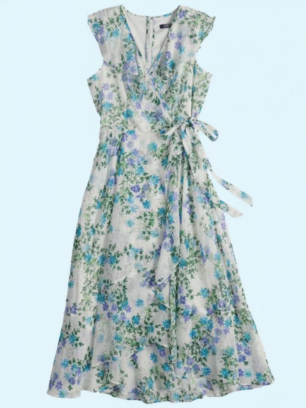 NEW Chaps Ralph Lauren $79 Size 12 White Blue Green Teal Floral Faux Wrap Dress - Picture 1 of 16